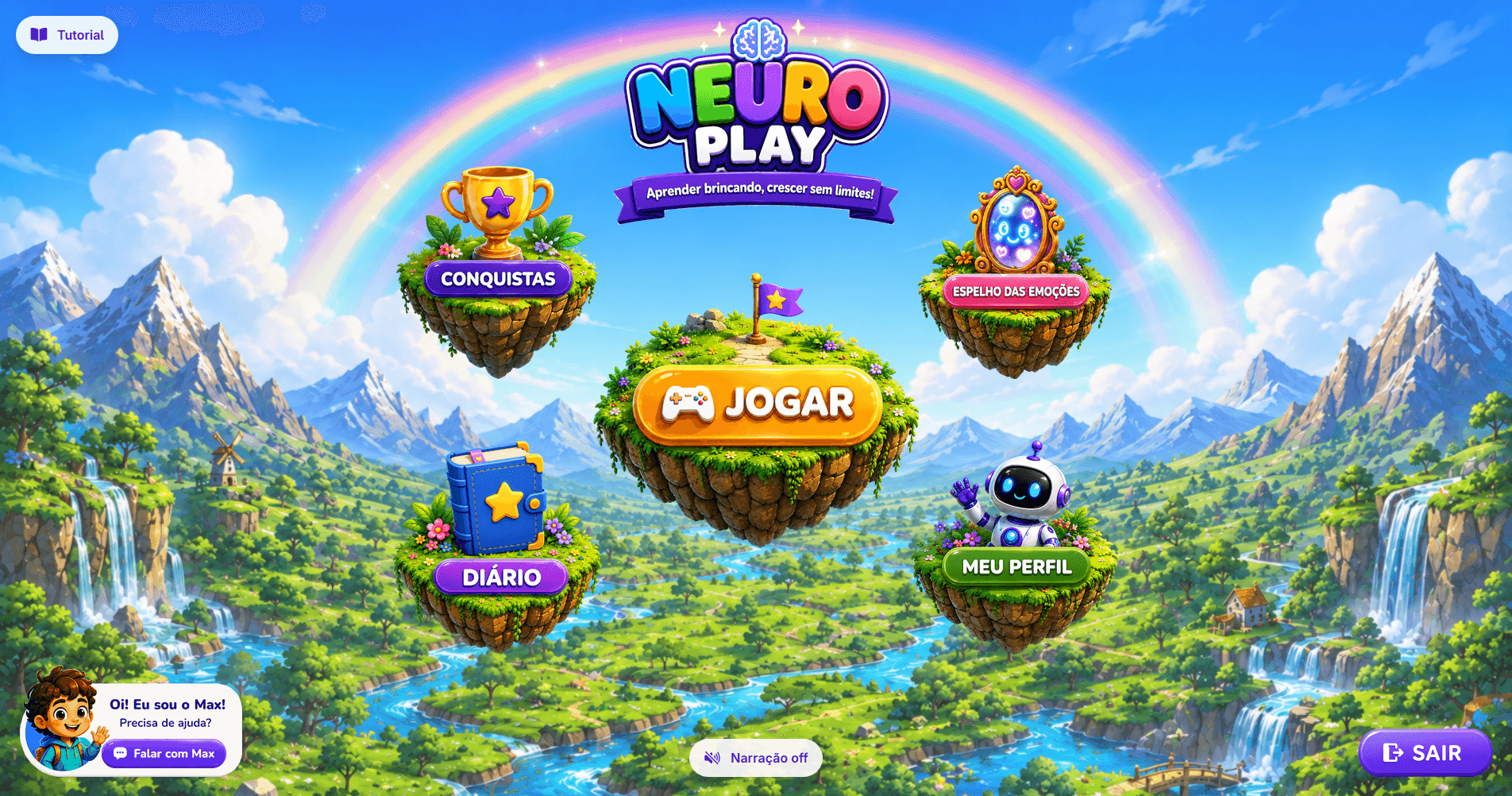 Hub de ilhas do NeuroPlay, com missões, conquistas e o Espelho das Emoções do aluno