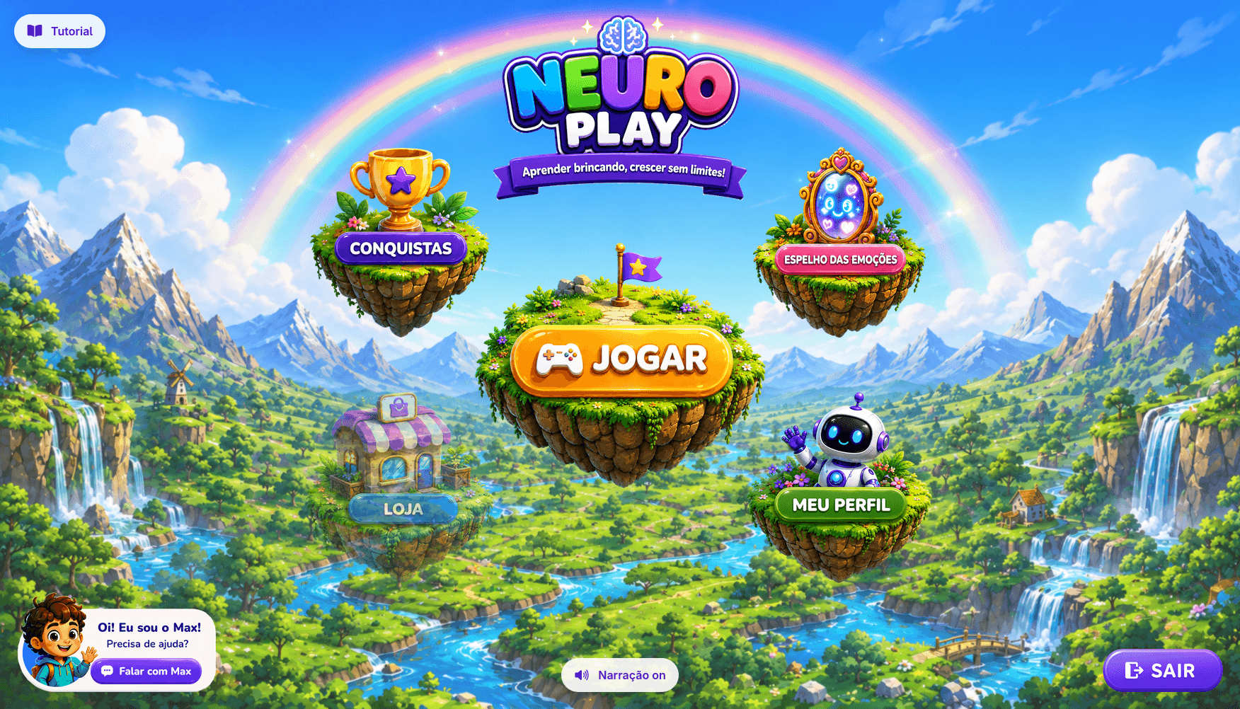 Hub de ilhas do NeuroPlay, com missões, conquistas e o Espelho das Emoções do aluno